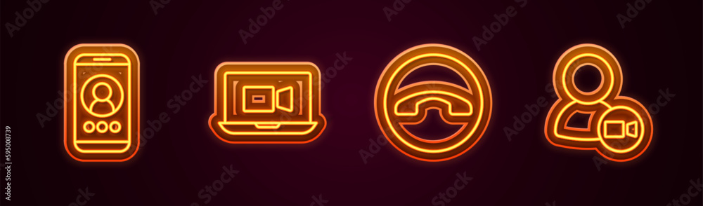 Wall mural set line video chat conference, telephone handset and . glowing neon icon. vector