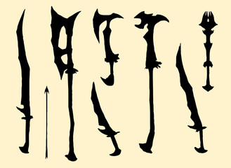 A set of silhouettes of stabbing and chopping weapons