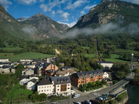 Fototapeta Aerial view of the beautiful Benasque Valley, Pyrenees
