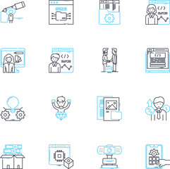 Software engineering linear icons set. Coding, Algorithms, Testing, Deployment, Documentation, Refactoring, Architecture line vector and concept signs. Integration,Debugging,Optimization outline