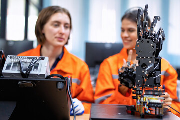 Girl engineer in robot industry fabrication research room simulate testing robot arm on operation