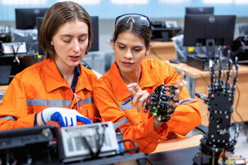 Fototapeta na wymiar Girl engineer in robot industry fabrication research room simulate testing robot arm on operation