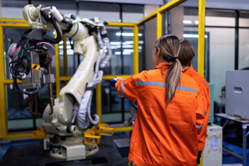 Girl engineer commissioning operating programming and looking at robot machine in the factory