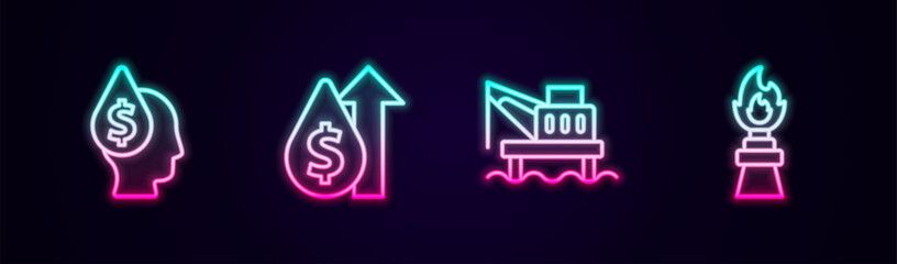 Set line Oil drop with dollar symbol, price increase, platform the sea and rig fire. Glowing neon icon. Vector