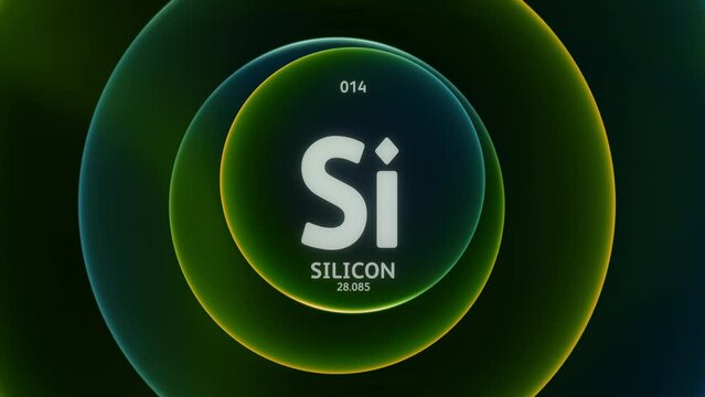 Silicon as Element 14 of the Periodic Table. Concept animation on abstract green blue gradient rings seamless loop background. Title design for science content and infographic showcase backdrop.