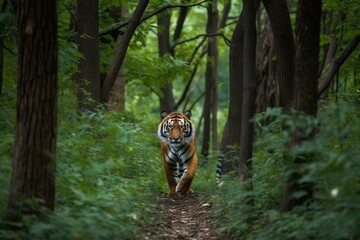 a tiger walking through a forest filled with trees. Generative AI