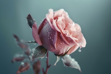 flower stem with frosty beautiful pink rose in snow frozen rose, created with generative ai