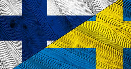 Background with flag of Portugal and Sweden on wooden split plank. 3d illustration