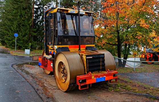 Umea, Sweden - October 5, 2022: parked steam roller on the side of the road