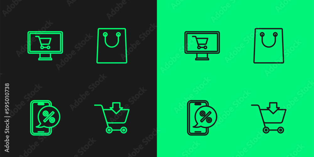 Poster Set line Add to Shopping cart, Percent discount on phone, monitor and Paper shopping bag icon. Vector