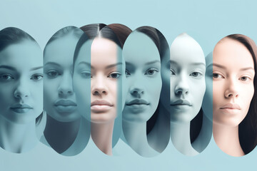 A collage of women's faces, abstract, blue toned