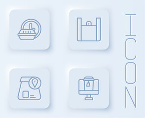 Set line Round the clock delivery, Online ordering food, and . White square button. Vector