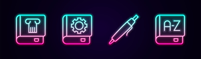 Set line History book, User manual, Pen and Translator. Glowing neon icon. Vector