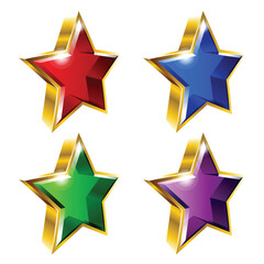 Set of shiny golden star icons in 3D style and different colors. Vector illustration. Ideal for logo design element, sticker, badge, ads and any kind of decoration.