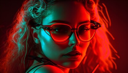 Close Up Neon portrait of an young women with red sunglasses, neon light glow sticks