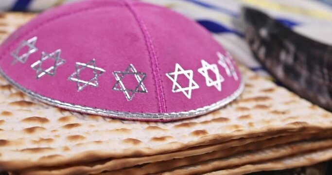 One of key features Passover requirement for kosher food is unleavened matzah bread on table