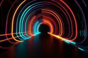 Wavy Neon Lines Tunnel with Orange, Pink and Turquoise Streaks. 3D Render. Generative AI