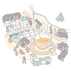 Seaside Town with Aroma of Coffee or Tea.