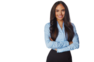 Smile, portrait and business woman with arms crossed isolated on a transparent png background. Professional, happiness and confident female person or entrepreneur from Brazil with pride for career.