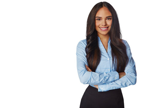 Smile, Portrait And Business Woman With Arms Crossed Isolated On A Transparent Png Background. Professional, Happiness And Confident Female Person Or Entrepreneur From Brazil With Pride For Career.