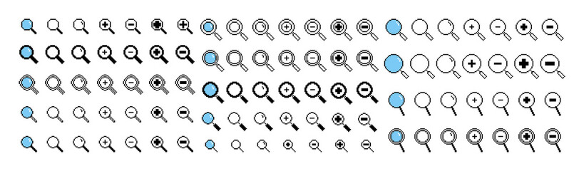 search magnifying glass zoom 8bit pixel icon sheet, vector pixel art search tool. Pixelated symbol, isolated PNG no background. Pixel art, pixelated, pixels. 
