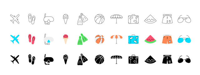 Thin line icons set of summer and beach. Editable stroke