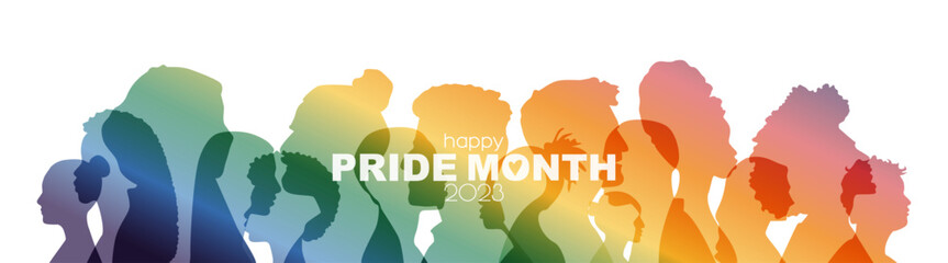 Happy Pride Month banner. Different people stand side by side together.	