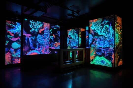 blacklight and uv-reactive installation piece showcasing an interactive artwork that comes to life under blacklight, created with generative ai