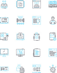 Artificial intelligence linear icons set. Robotics, Automation, Machine Learning, Algorithms, Neural Nerks, Expert Systems, Cognitive Computing line vector and concept signs. Natural Language