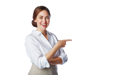 Portrait, woman and smile of worker pointing while isolated on transparent png background. Excited female employee advertising business promotion, review and presentation of deal, vote or information