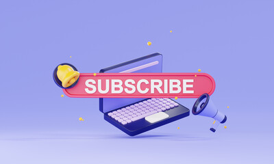 3d render subscription on the laptop for social media. 3d subscribe background.