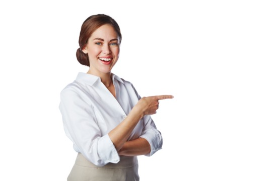 Portrait, woman and smile of worker pointing while isolated on transparent png background. Excited female employee advertising business promotion, review and presentation of deal, vote or information