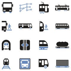 Bus And Train Icons. Two Tone Flat Design. Vector Illustration.