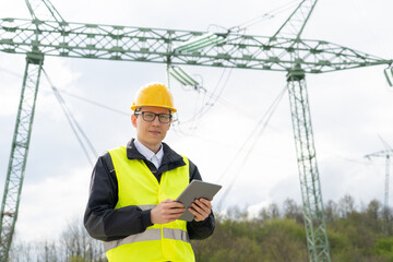 Engineer with digital tablet on a background of power line tower