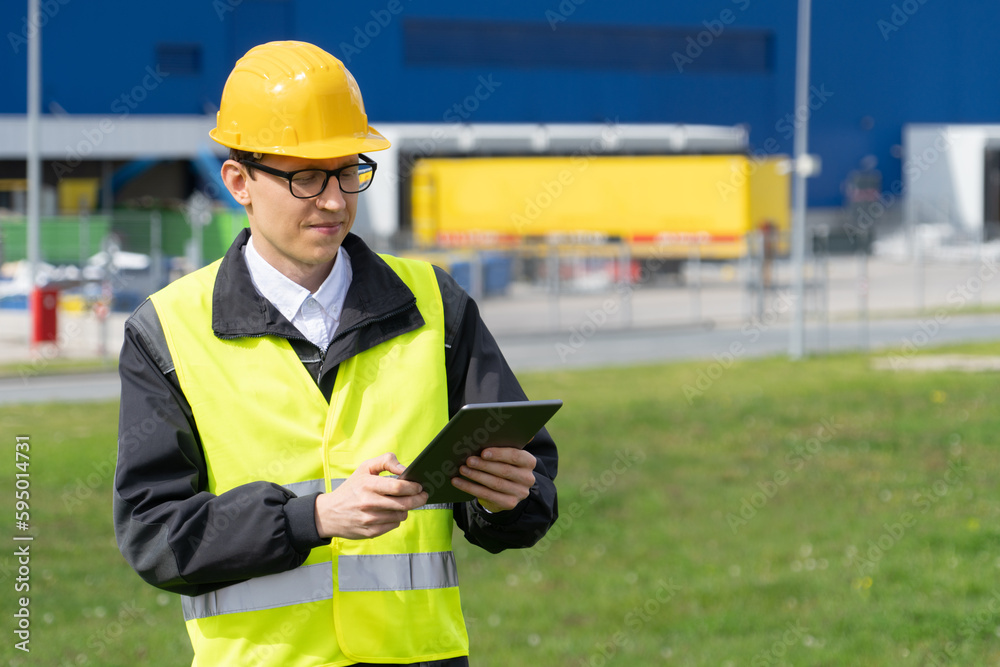 Aufkleber Logistician with digital tablet on a background of logistic center
