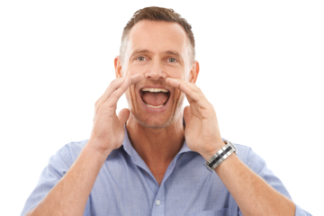 Shouting, portrait or businessman with an announcement screaming or yelling for a sales promotion. Voice opinion, talk or face of mature person in communication isolated on transparent png background