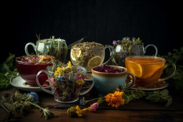 Cups of tea with herbs of different types. Generative AI