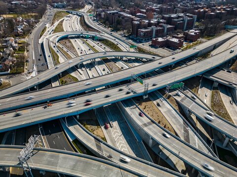 Aerial view over a busy highway interchange in Queens, New York