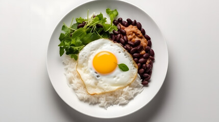 plate of rice with beans and fried egg, isolated, white background, generated by ai
