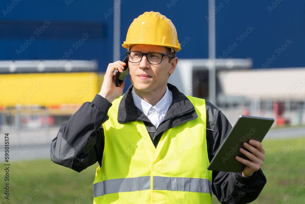 Aufkleber Logistician with phone and digital tablet on a background of logistic center