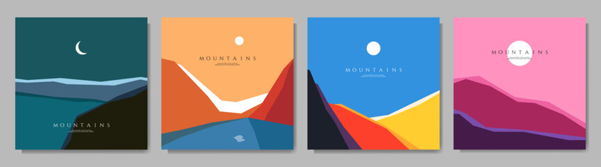 Vector illustration. Minimalistic geometric landscapes collection. Mid century modern graphic. Hills by lake, sunset, night scene. Design elements for social media banner, web template
