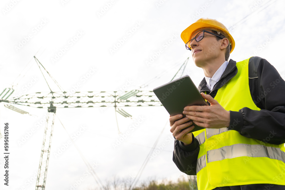 Poster Engineer with digital tablet on a background of power line tower