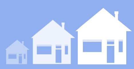 Obraz premium Real estate. Residential houses. Building silhouettes. Single storey houses. Private real estate. Houses isolated on blue. Template for real estate agency. Concept design of cottages. 3d image