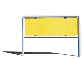 Old billboard. Metal billboard for advertising. Street signboard with traces of rust. Yellow billboard isolated on white. Rendering signpost with shadow. Old banner stand. Copy space. 3d image