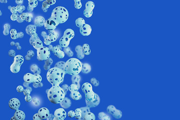Bacteria under microscope. Molecules on blue. Scientific scenery. Probiotic elements. Exploring microbiome concept. Probiotic cells. Biological pattern. Background from molecules probiotics. 3d image