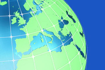 Planet earth. Fragment of world map. Photograph Europe from space. Globe on blue. Planet view from universe. European continent on map. Globe for study geography. Planet earth visualization. 3d image