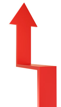 Up arrow. Red pointer with curve. Concept of rapid growth. Metaphor for increasing profits. Arrow isolated on white. Pointer up for web design. Element for site or application. 3d image