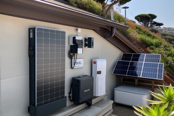 solar panel system with built-in battery storage and inverter in a residential setting, created with generative ai - 595016335