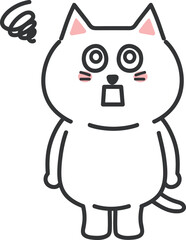 White cartoon cat feels dizzy on standing up, vector illustration.