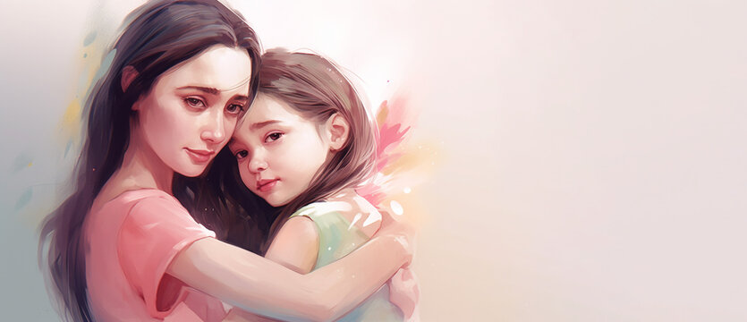 Mother's Day Hug Vector Watercolor Illustration of Mom and Daughter Embracing, Generative AI	
